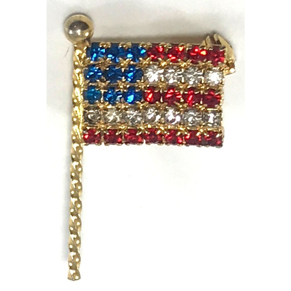 Patriotic American Flag Rhinestone. Brooch Gold Tone Red White & Blue